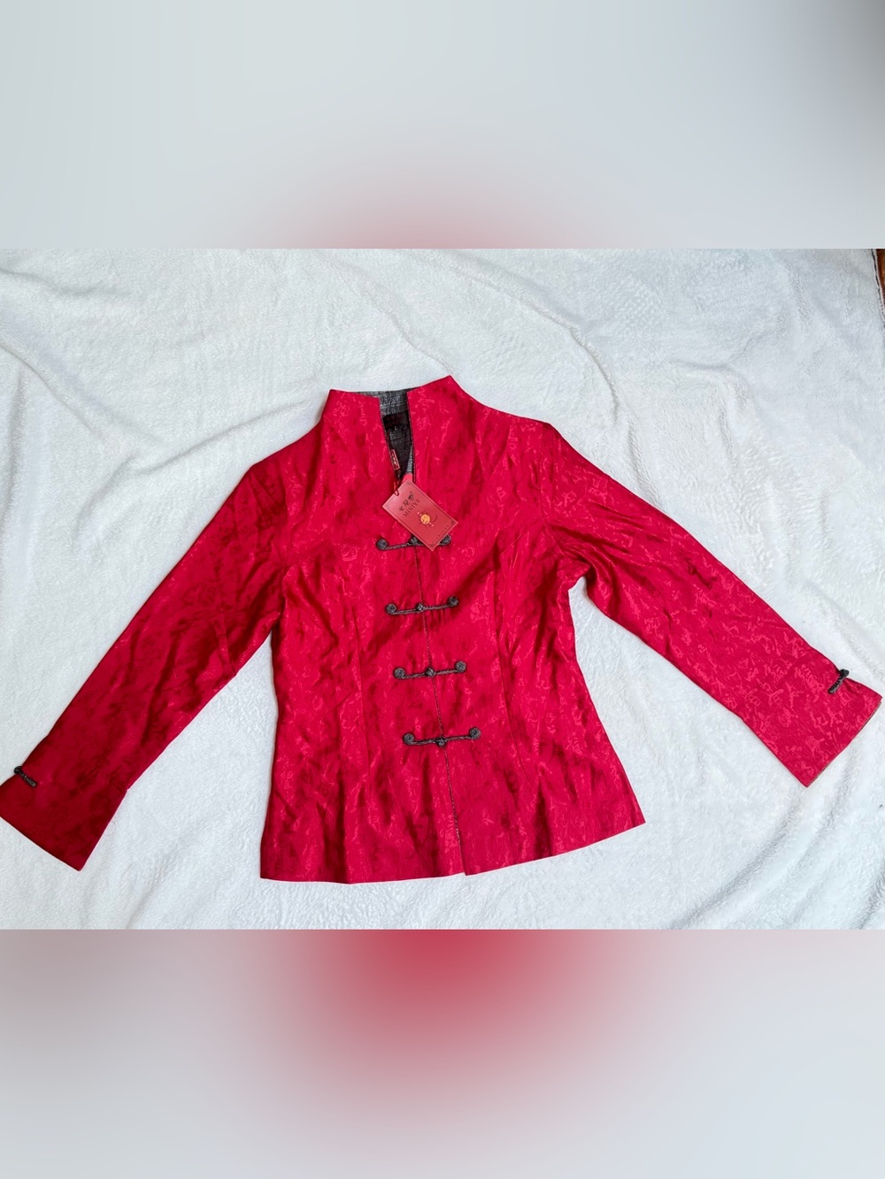 Miniye NWT Red Jacquard Tang Jacket Frog Closures Linen Blend